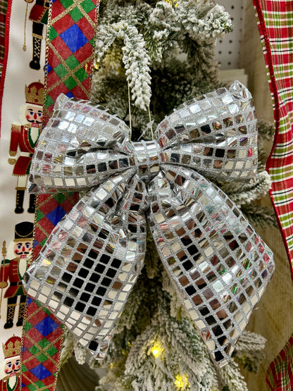 9.25 Inch Plush Silver Bow Ornament