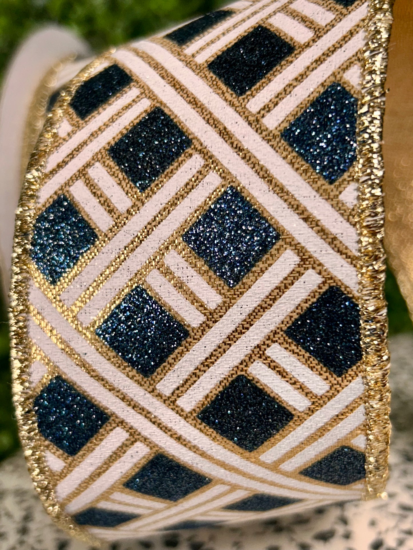 2.5 Inch By 10 Yard Gold White And Smoke Blue Woven Stripes Fused Ribbon