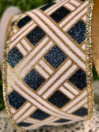 2.5 Inch By 10 Yard Gold White And Smoke Blue Woven Stripes Fused Ribbon
