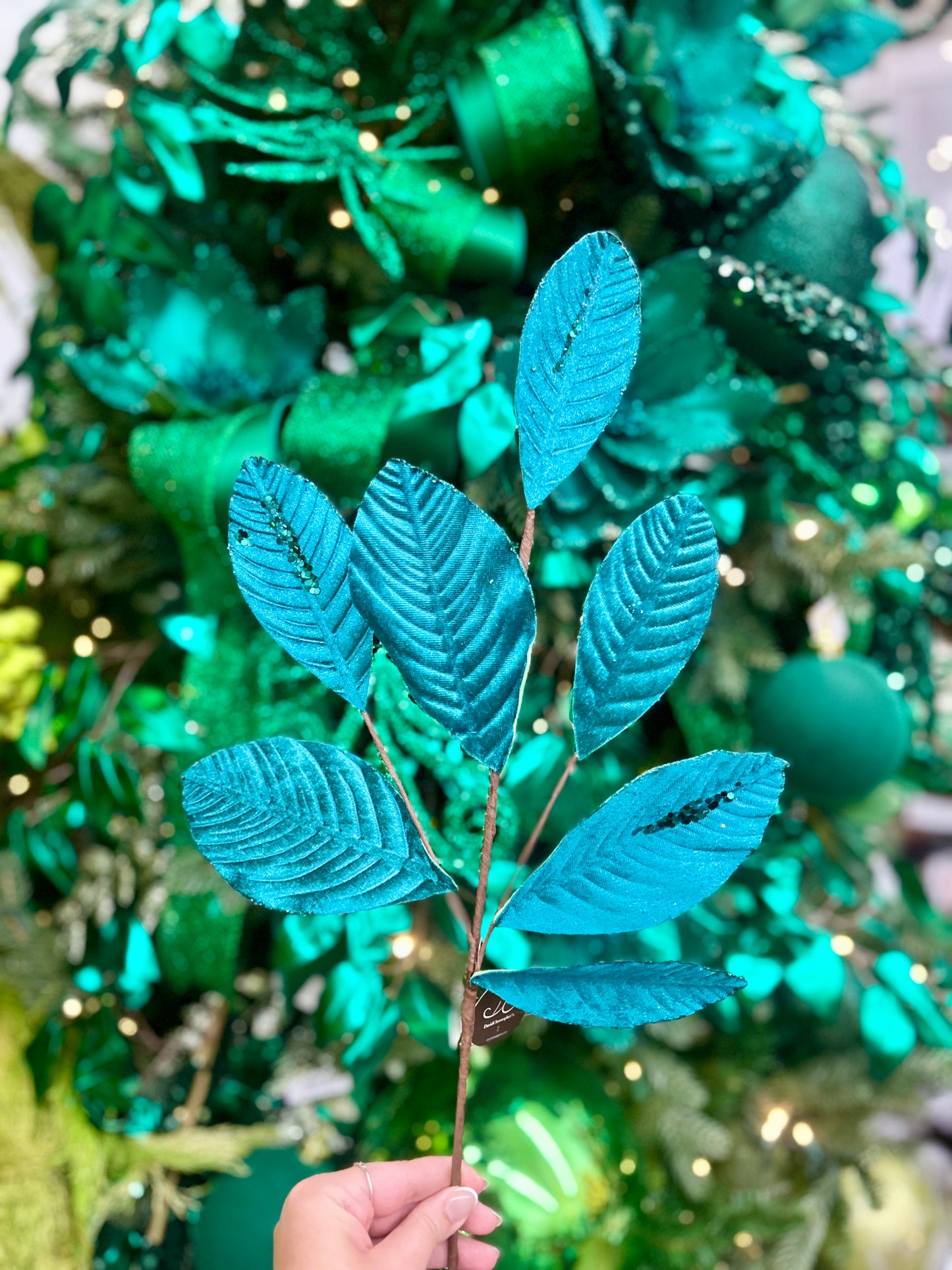 26 Inch Dark Teal Velvet Sequin Magnolia Leaf Spray