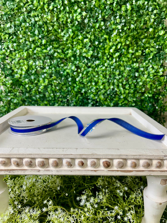 5/8 Inch By 25 Yard Royal Blue And Laser Silver Scallop Metallic Edge Sheer Ribbon