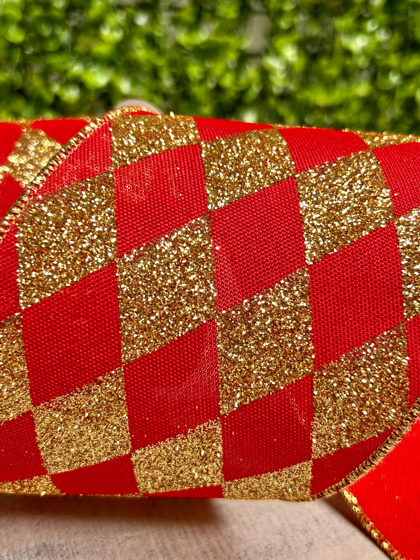 4 Inch By 10 Yard Red And Gold Harlequin Check Ribbon