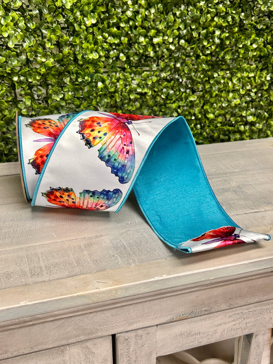 D. Stevens 4 Inch By 10 Yard Aqua Orange And Lavender Colorful Watercolor Butterfly Satin Ribbon