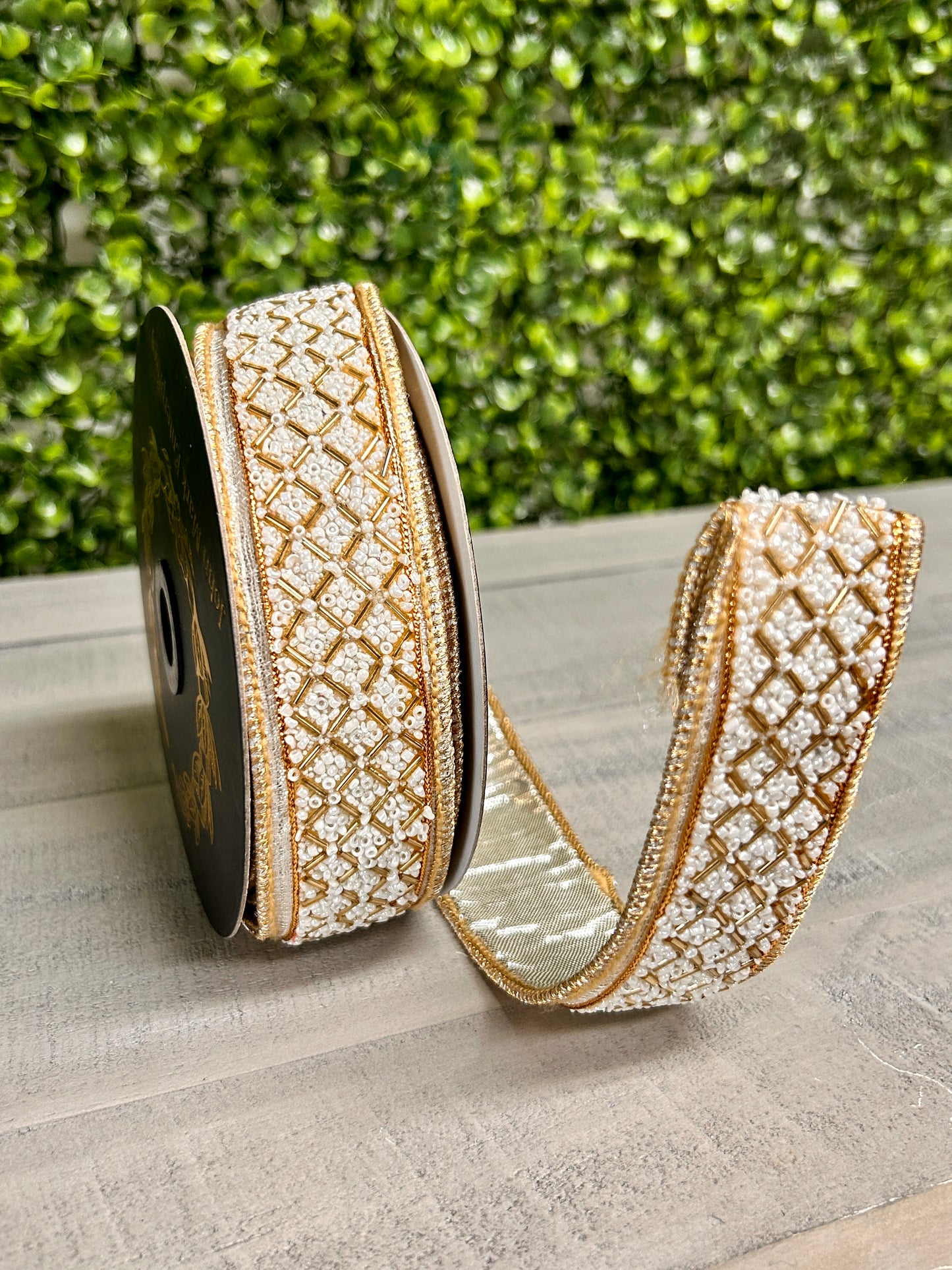 John Mark Enterprises 1.5 Inch By 5 Yard Ivory And Gold Beaded Trim Metallic Ribbon