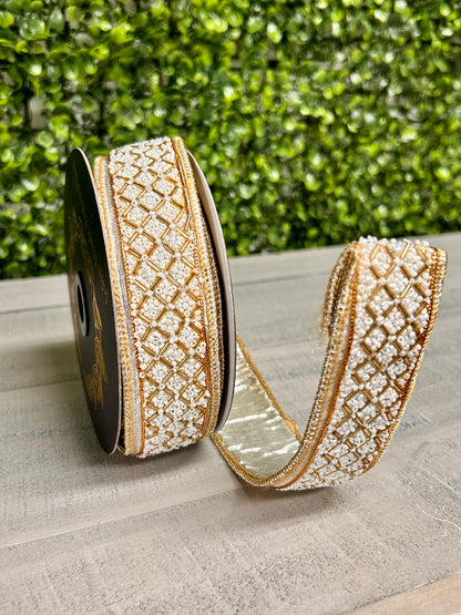 John Mark Enterprises 1.5 Inch By 5 Yard Ivory And Gold Beaded Trim Metallic Ribbon