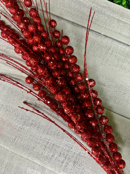 28" Red Glitter Berry Spray