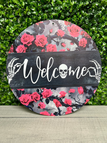 12 Inch Welcome With Pink Roses And Skeleton Metal Sign