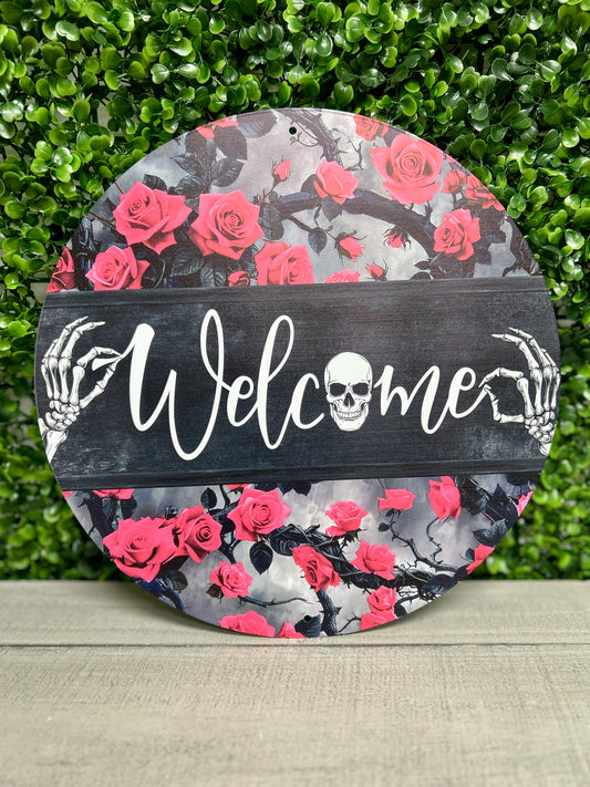 12 Inch Welcome With Pink Roses And Skeleton Metal Sign