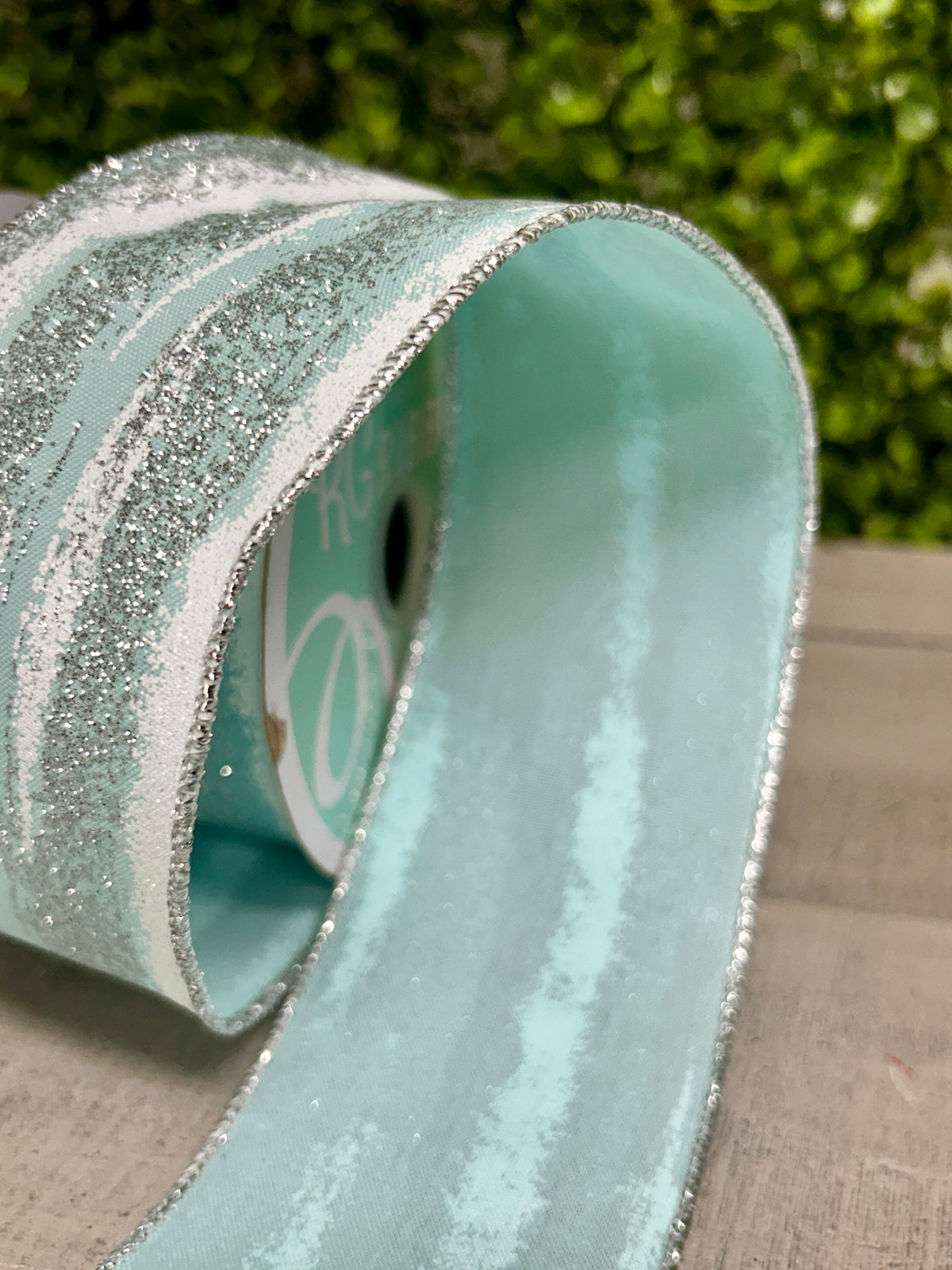 2.5 Inch By 10 Yards Soft Turquoise White And Silver Glitter Paint Strokes Ribbon