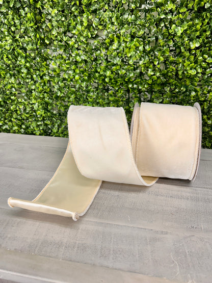 4 Inch By 10 Yard Cream Deluxe Velvet With Satin Backing Ribbon
