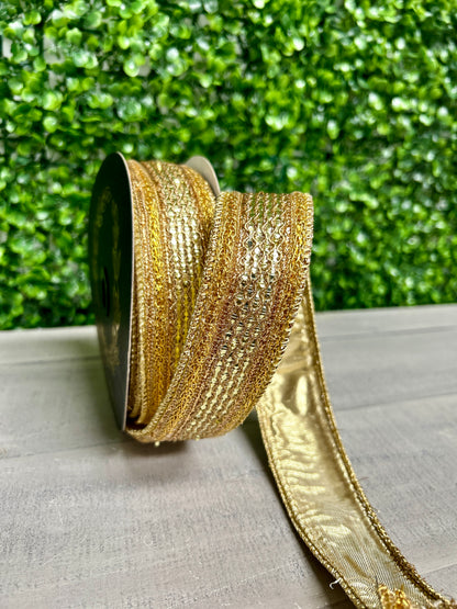 John Mark 1 Inch By 10 Yard Gold Jeweled Metallic Dupioni Ribbon