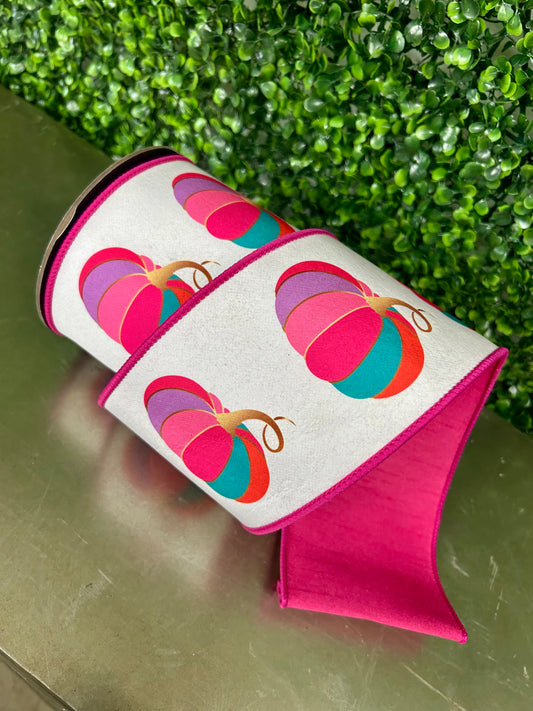 4 Inch By 10 Yard Fuchsia And White Pumpkin Fashion Dream Wired Ribbon