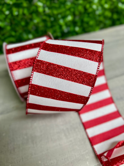 2.5 Inch By 10 Yard Red And White Horizontal Glitter Stripe Ribbon