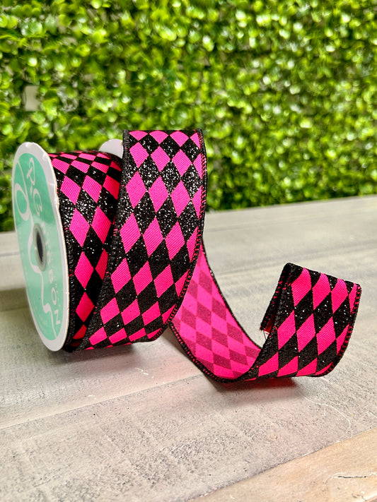 1.5 Inch By 10 Yard Fuchsia And Black Glitter Harlequin Ribbon