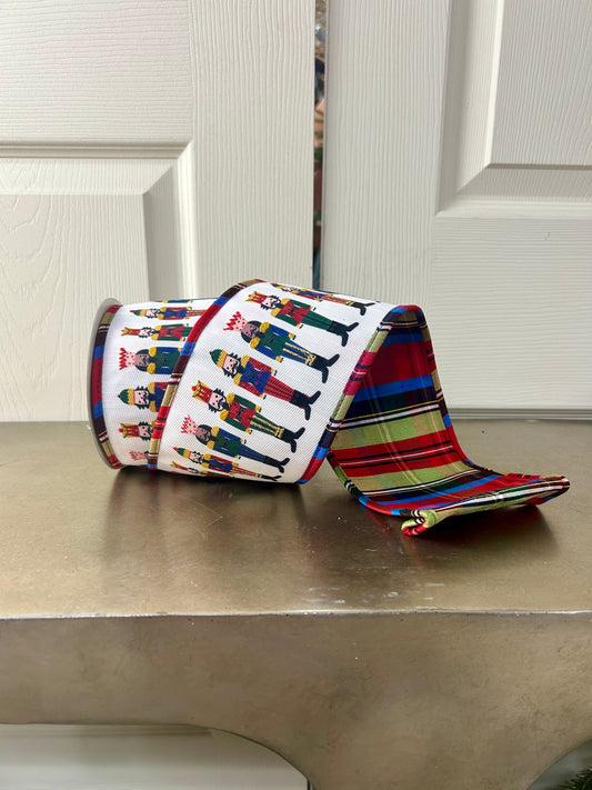4 Inch By 5 Yard Nutcracker With Plaid Backing Ribbon