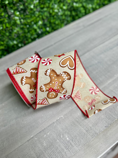 2.5 Inch By 10 Yard Cream Red And Brown Gingerbread Ribbon