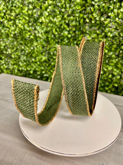 1 3/8 Inch By 10 Yard Hunter Green Burlap With Gold Edge Ribbon