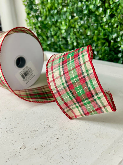 2.5 Inch By 10 Yard Red Cream Green And Black Woven Plaid Ribbon