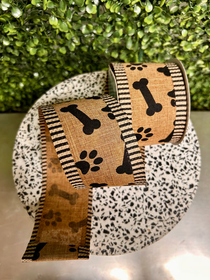 2.5 Inch By 10 Yard Paw Prints And Bones Ribbon