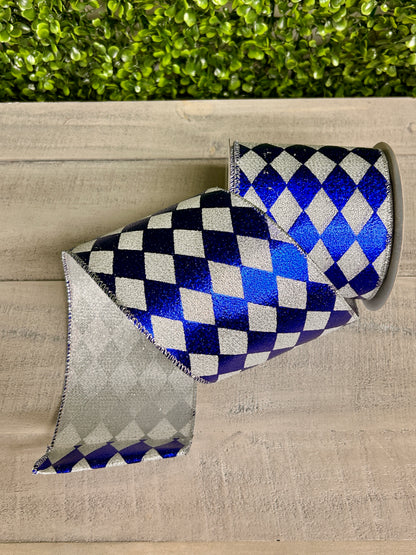 4 Inch By 10 Yard Royal Blue And Silver Harlequin Diamond Glimmer Deluxe Ribbon
