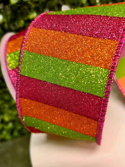 2.5 Inch By 10 Yard Hot Pink Orange And Lime Horizontal Glitter Stripes Ribbon