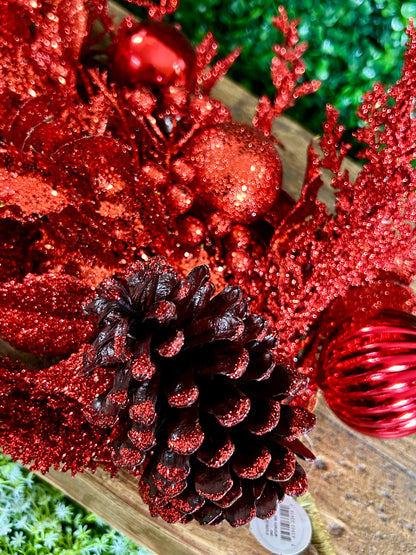 32 Inch Red Glitter Leaf Berry And Cone Spray