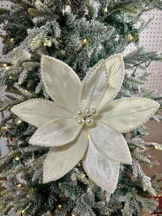 22 Inch Ivory Pearl Bead Poinsettia Pick
