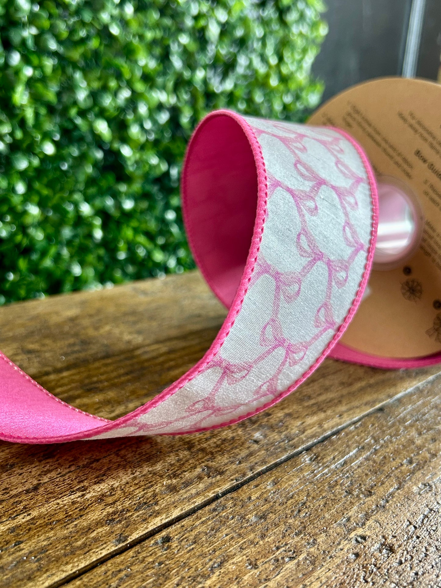 2.5 Inch By 10 Yard Pink Bows On White Dupioni Ribbon