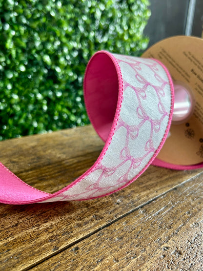 2.5 Inch By 10 Yard Pink Bows On White Dupioni Ribbon