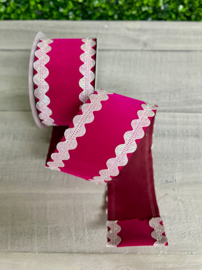 2.5 Inch By 10 Yard Fuchsia Velvet With White Iridescent Ric Rac Edge Ribbon