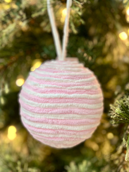 4.5 Inch Chenille Ball Ornament Pink And White