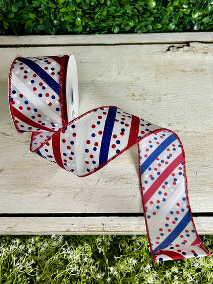 2.5 Inch By 10 Yard Red White And Royal Blue Glitter Stripe With Confetti Dots Ribbon
