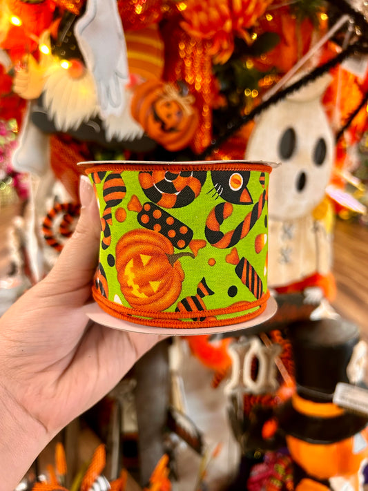 2.5 Inch By 10 Yard Halloween Pumpkin Cats And Candy On Lime Ribbon