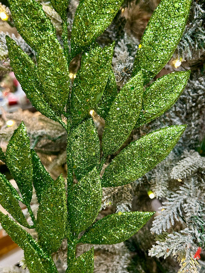 29 Inch Apple Green Glitter Bay Leaf Spray