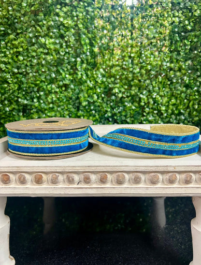 1.5 Inch By 5 Yards Teal And Gold Velvet With Jewel Center Ribbon