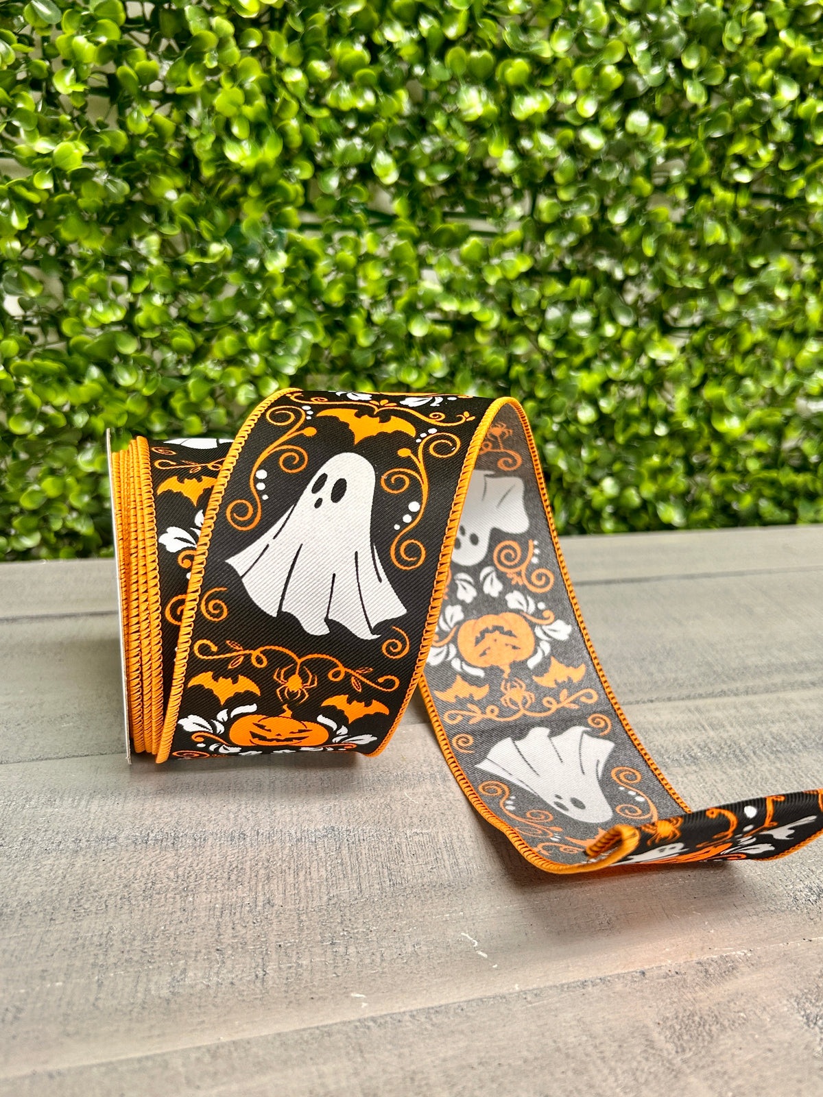 2.5 Inch By 10 Yard Ghost And Pumpkin Halloween Damask Ribbon