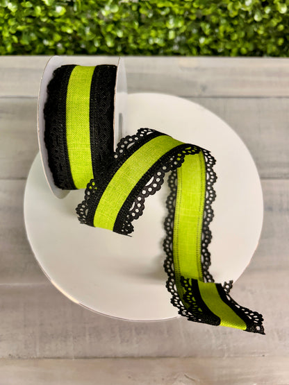 1.5 Inch By 10 Yard Black And Lime Lace Edge Royal Burlap Ribbon