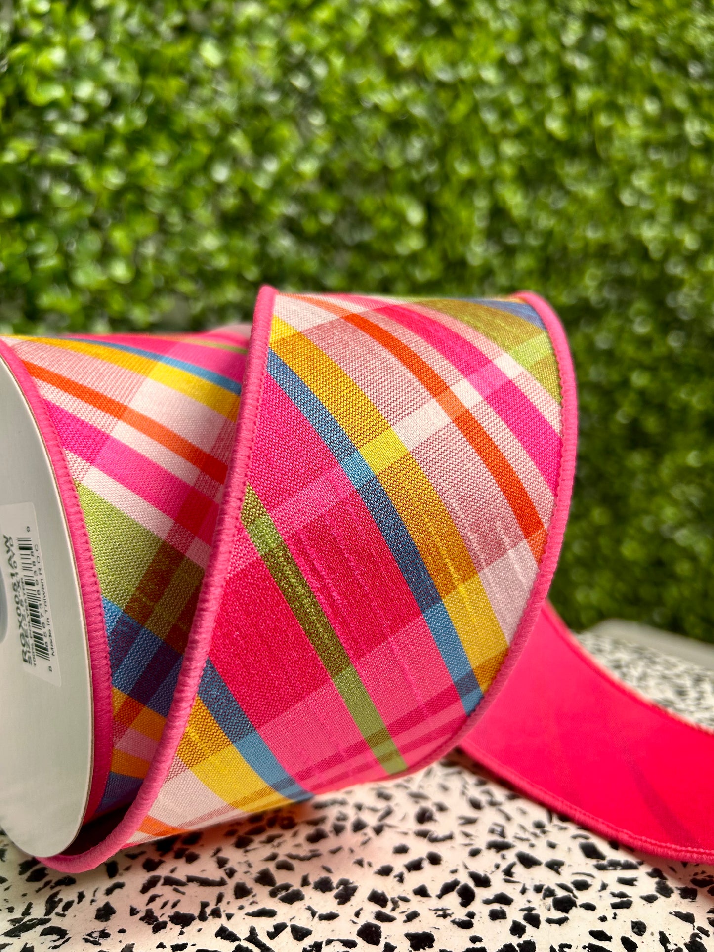 2.5 Inch By 10 Yard Hot Pink Turquoise Lime And Yellow Diagonal Plaid Fused Ribbon