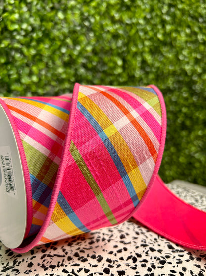 2.5 Inch By 10 Yard Hot Pink Turquoise Lime And Yellow Diagonal Plaid Fused Ribbon