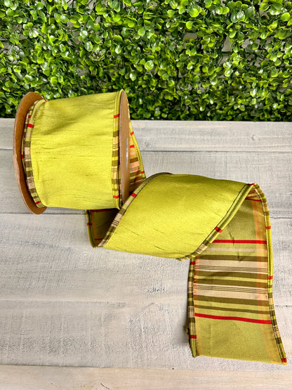 4 Inch By 10 Yard Moss With Moss Plaid Piping Reversible Dupioni Ribbon