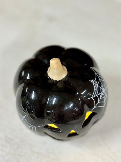 Black Light Up Ceramic Pumpkin With Spider Webs