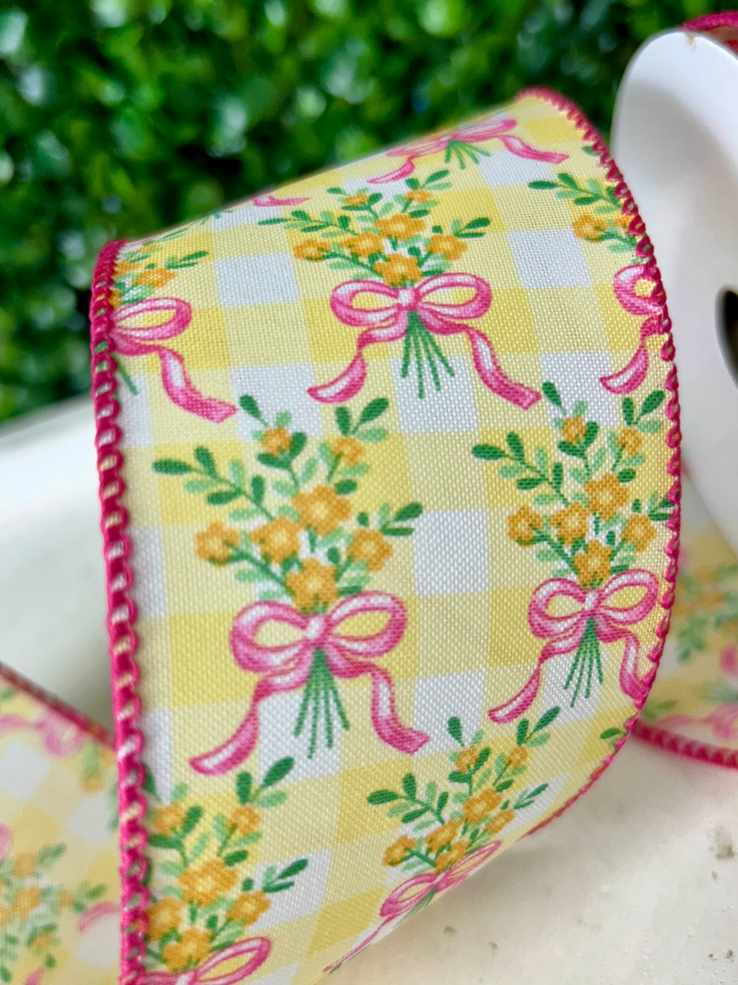 2.5 Inch By 10 Yard Orange Bouquet Pink Bow On Yellow And White Check Ribbon