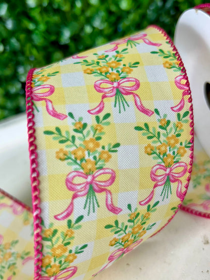 2.5 Inch By 10 Yard Orange Bouquet Pink Bow On Yellow And White Check Ribbon