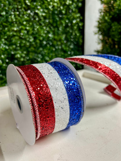 2.5 Inch By 10 Yard Red White And Royal Blue Large Glitter Ribbon