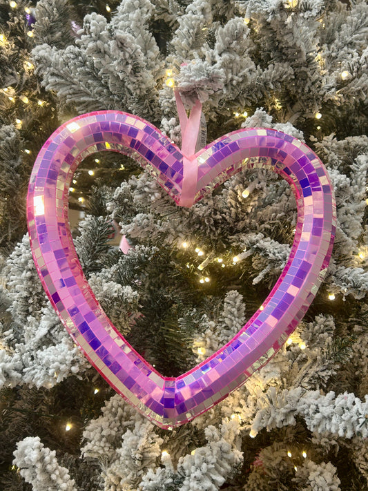 10.5 Inch Pink Iridescent Mirror Heart Ornament