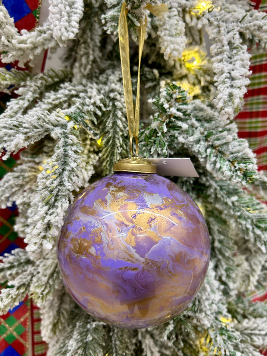 4 Inch Lavender Gold And White Marble Glass Ball Ornament