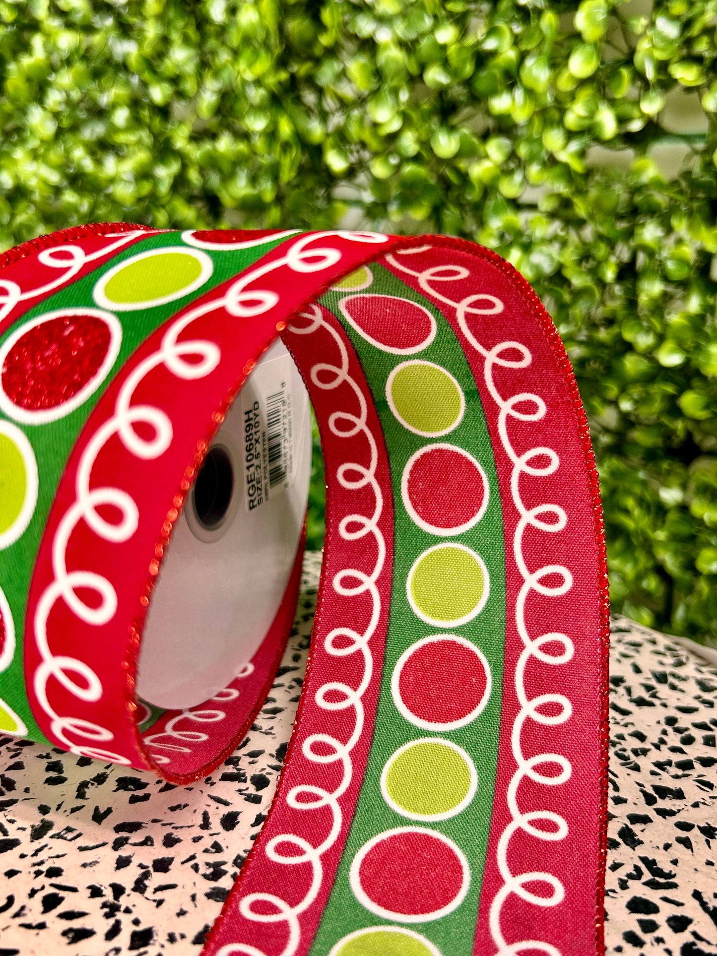 2.5 Inch By 10 Yard Red Lime And Emerald Stripe With Glitter Circles And Loops Ribbon
