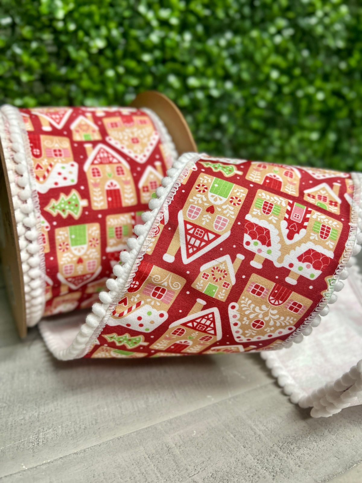 4 Inch By 10 Yard Gingerbread Houses On Red With White Backing Ribbon