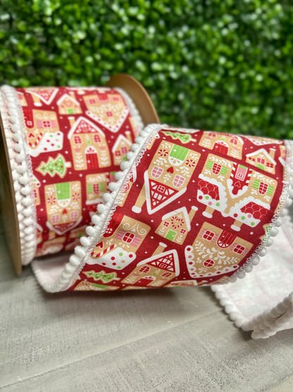4 Inch By 10 Yard Gingerbread Houses On Red With White Backing Ribbon