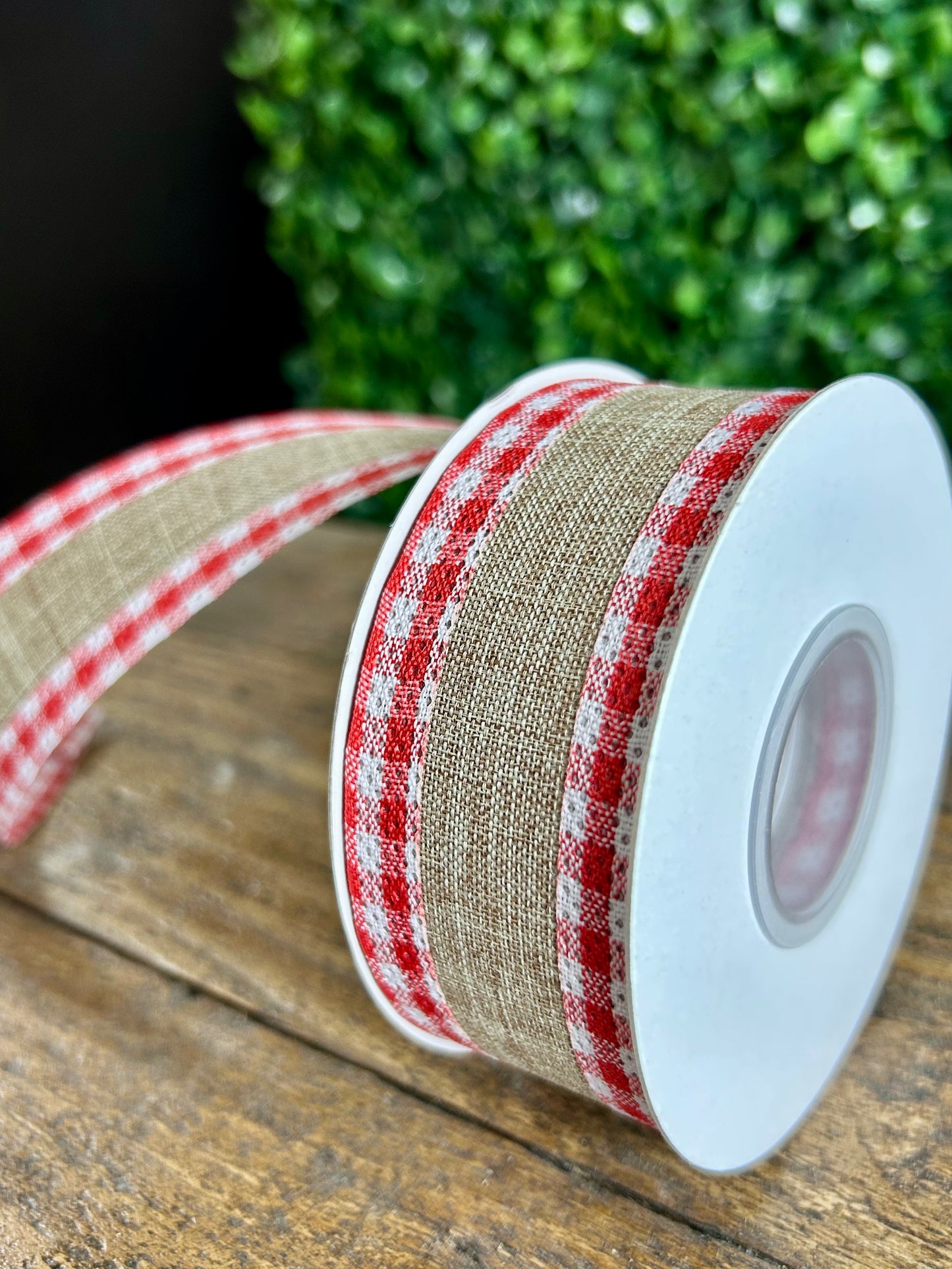 1.5 Inch Natural And Red Linen Gingham Check Ribbon